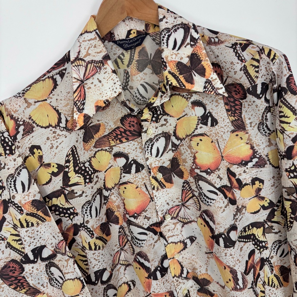 Vintage 70s Pierre La Grande Donegal Butterfly Disco Shirt Mens XL Dagger Collar